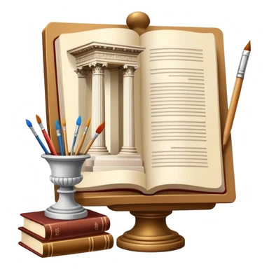 An icon featuring a paint palette, a sculpture, and a book, symbolizing the study of culture and art. The design includes a classical column and a canvas, representing art history and cultural exploration. Transparent background highlights the connection between creativity and history. sticker
