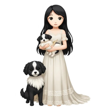 Pastel anime lady long hair with long lace dress full body holding puppy sticker