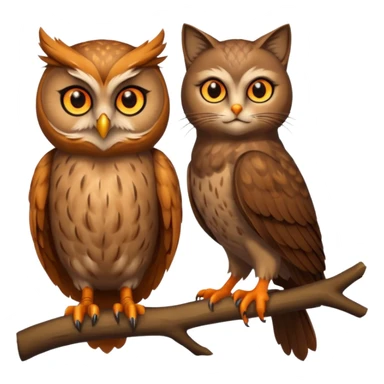 Owl on a branch with a cat's head sticker