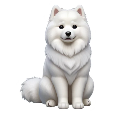 cinematic-[samoyed]-realistic-full-body-sitting-emoji,-tail-resting-loosely-beside-its-paws,-head-tilted-dramatically, -fluffy-[white]-fur,-simplified-yet-realistic-focused-features,-highly-detailed,-glowing-with-an-almost-sarcastic-glow sticker
