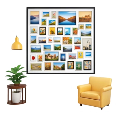 Icon for Photograph and Poster Collecting: a large poster in the center, surrounded by various-sized framed photographs. The icon should capture the charm of collecting photos and posters, arranged artistically on a wall. Transparent background. sticker