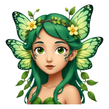 Cinematic Realistic Forest Fairy Portrait, head tilted playfully and inquisitively, showcasing a nature-inspired form with intricately detailed, sunlit tanned skin and cascading dark green hair interlaced with leaves and blossoms showing her large butterfly wings from her back. Her bright, curious eyes sparkle with forest mischief, rendered with lifelike clarity and warm, dappled lighting that captures the spirit of an enchanting woodland fairy ready to dance among the trees. sticker