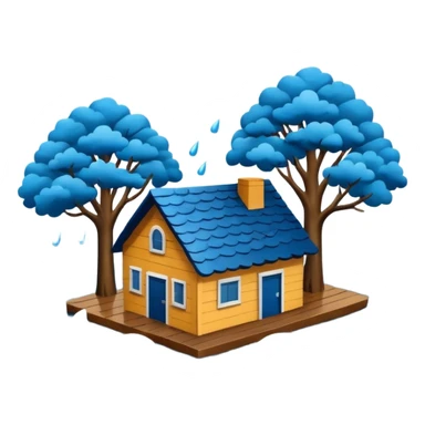 showing a flood disaster scene with powerful blue water waves carrying floating tree branches and wood pieces, small houses partially submerged, dark storm clouds above, heavy rain, realistic yet simple and clean emoji-style design sticker
