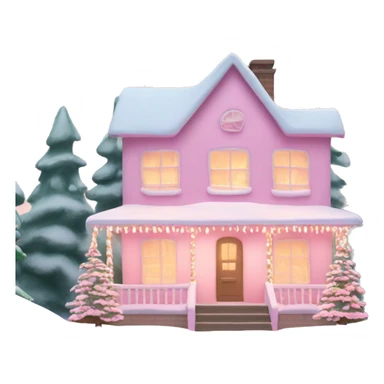 Pastel pink Christmas house with Christmas lights and evergreen trees sticker
