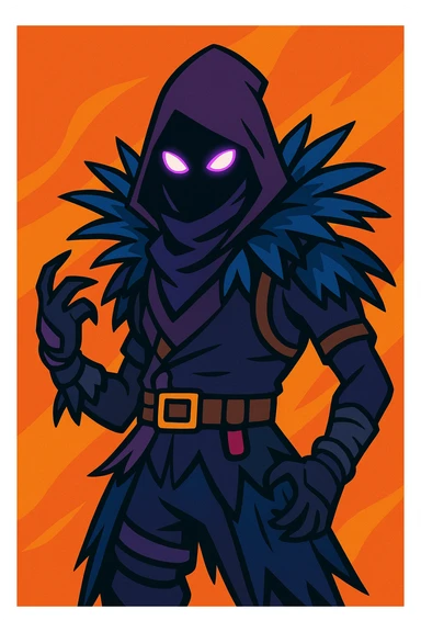 Fortnite skin Raven with dark feathers, glowing purple eyes, mysterious stance, vibrant toon style sticker