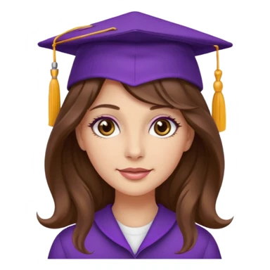 beautiful  woman normal skin with more wavy long long brown hair and hazel eyes with purple school hat sticker