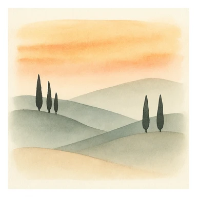 Tuscany hills at dusk, dramatic sunset colors, silhouettes of cypress trees, layered hills, serene mood, watercolor style sticker
