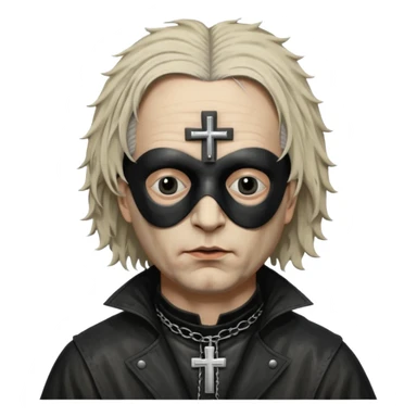 cinematic ultra HD portrait of Joel-Peter Witkin,  he wears a small black mask, a small crucifix is ​​sewn onto the black mask between the eyes of the portrait, he wears a worn leather coat and very disheveled hair sticker