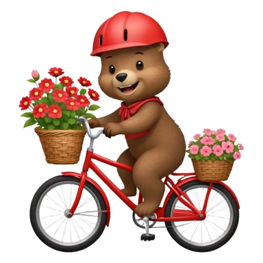 A cheerful brown bear riding a red bicycle, wearing a cute helmet, with a big smile and a basket full of flowers on the front. Bright, cartoonish style, simple and fun. sticker