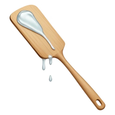 a close-up, minimalist shot of a viscous, pearly substance slowly dripping from a wooden spatula against a neutral gray background. sticker