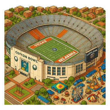Изометричная, яркая, детализированная и фотореалистичная иллюстрация стадиона Cotton Bowl в стиле 3D-коллажей городов, насыщенные цвета, аккуратные и чёткие линии, мультяшно-реалистичная стилистика. Чёткие контуры, не размазанные линии, высокое качество, проверить написание букв, прозрачный фон, не обрезать края стадиона. sticker