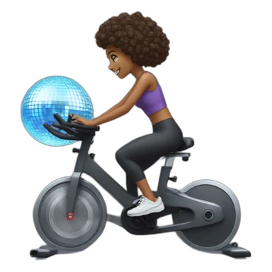 Girl riding a spin bike with a disco ball sticker
