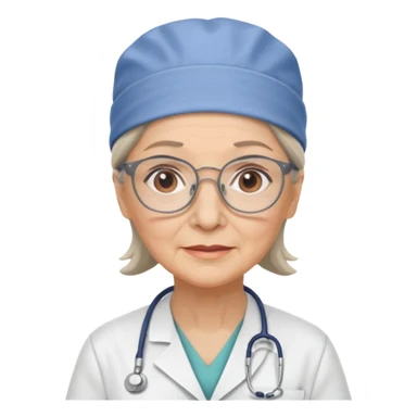 older woman doctor with scrub cap no smile sticker