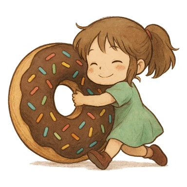 soft Ghibli style chibi girl hugging giant donut with sprinkles sticker