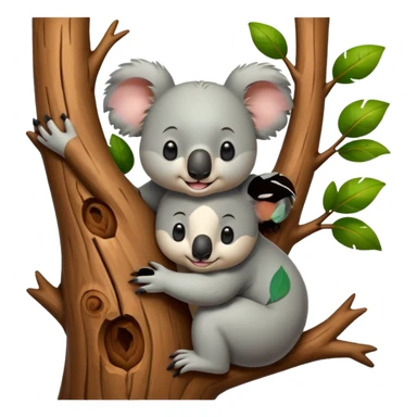 Koala and tree character hugging each other, add a face to the tree sticker