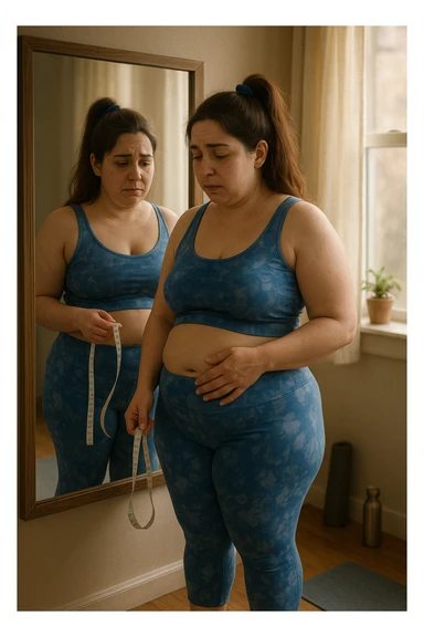 A realistic, cinematic illustration of a woman in her early 30s with a slightly rounded body shape, standing in front of a mirror in a softly lit bedroom, looking at her reflection with a thoughtful, slightly discouraged expression. She is wearing comfortable home workout clothes, holding a tape measure in one hand loosely, while her other hand gently touches her belly area, showing her frustration with slow weight loss progress. The room is cozy, with natural light filtering in, a yoga mat rolled up in the corner, a water bottle, and a small plant on the windowsill. The scene captures the emotional struggle and quiet determination of a woman facing difficulties in losing weight despite her efforts, with warmth and dignity. sticker