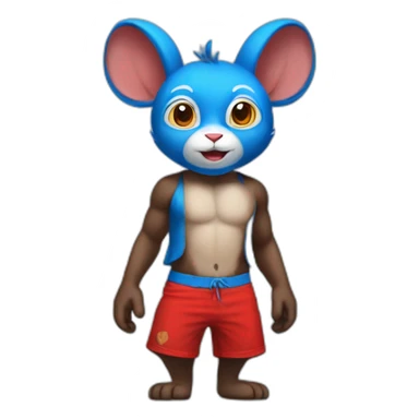 blue rabbit monkey with no shirt but red shorts and with a monkey tail sticker