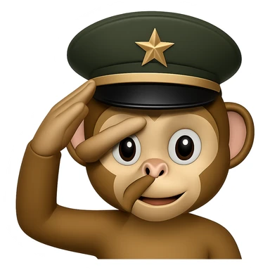 Add a classic military hat to the monkey face with paw raised in a salute in emoji style with transparent background. sticker