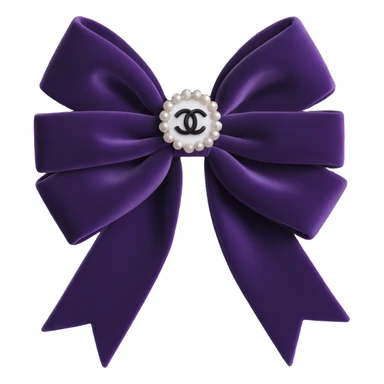 Change the bow to a double-layered velvet bow, keep pearls and silver Chanel logo, elegant, glossy, black and white, 3D emoji style, with no background sticker