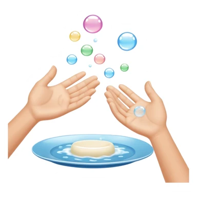 hands under running water with soap bubbles, plate of food nearby, clean and friendly sticker