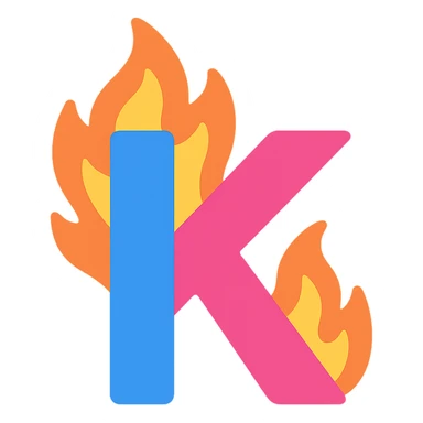 colorful letter 'K' with cartoon-style flames licking the edges sticker