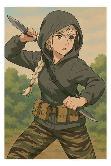 1 female, mid-20's  white hair long braid, gold yellow eyes, gray rainproof hoodie, hood up, single point sling, tan mag pouches on belt rig, tiger stripe camo pants, holding a combat blade, striking, swing sticker