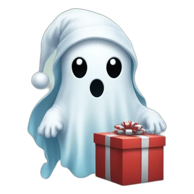 Ghost wearing a Santa hat holding a present sticker