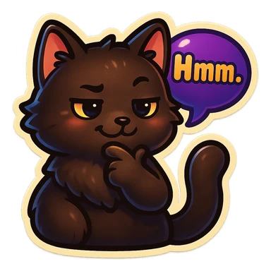 a dark-brown fluffy cute kawaii anime cat thinking smirking thoughtfully, saying “Hmm..” with a purple speech bubble sticker