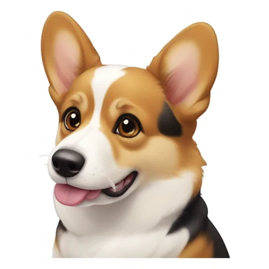 a tricolor corgi. lots of black on the head around the eyes, beige and white on the muzzle. a white spot on the forehead, sticking out the tongue sticker