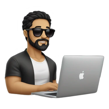 Designer with black hair, beard and round sunglasses working with MacBook and drinking cappuccino  sticker