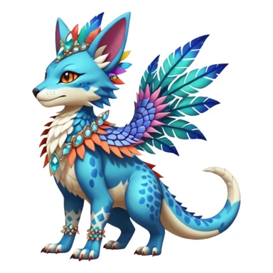 Kawaii cute colorful warm-colored exotic tropical beautiful pretty elegant divine edgy feline-vernid-sergal-Fakémon-Pokémon-fursona-animal-creature with accessories, jewelries, full body, with intricate detailed markings, feathers, crystals, fins, scales, headdress sticker