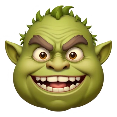 Cinematic Comical Ogre Portrait Emoji, with a strikingly exaggerated, bulky figure in vivid earthy greens and browns, head tilted in a dramatically surprised expression with wide, comically bulging eyes and a goofy, oversized grin, simplified yet hilariously exaggerated, highly detailed with a soft, cartoonish glowing outline capturing the playful absurdity of a meme-worthy ogre! sticker