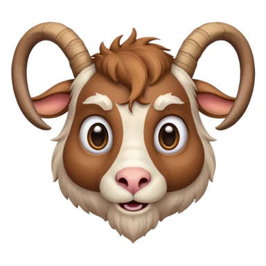 goat face with detailed curved horns, big cute eyes, cartoonish expression, simple background, clean and colorful digital art sticker