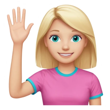 blonde girl, straight hair, turquoise eyes and pink t-shirt waving, smiling face sticker