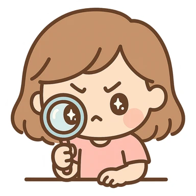 chibi cute girl with brown hair, concentrating hard while using a magnifying lens sticker