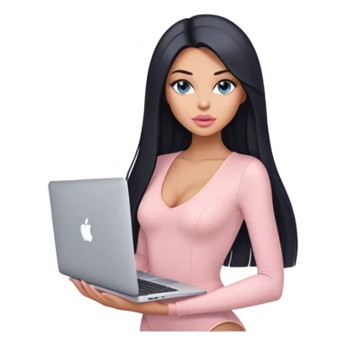 Glamours, tanned, very beautiful girl, with big pump peach-beige-rose lips, black straight smooth silky long hair, straight parting hair, blue-grey eyes, in light-pink bodysuit holding MacBook sticker