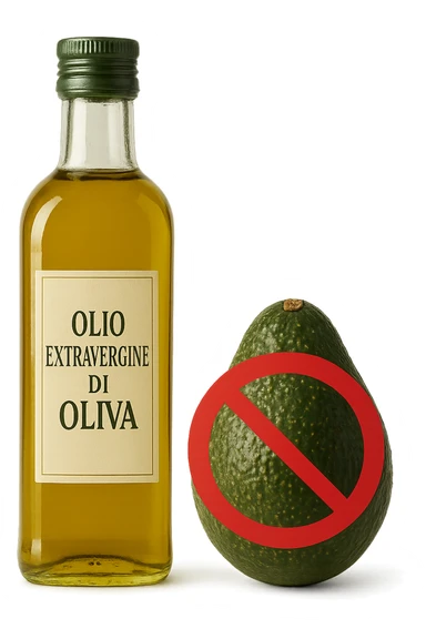BOTTIGLIA DI OLIO EVO CON LA SCRITTA "OLIO EXTRAVERGINE DI OLIVA" SULL'ETICHETTA E AVOCADO CON DIVIETO SOPRA,  iperrealistico 4k sticker