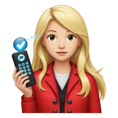 mujer  joven rubia con pelo largo y saco rojo con modem de internet sticker