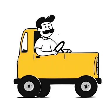 a bald truck driver with a mustache and a baseball cap, driving a yellow semi sleeper truck sticker