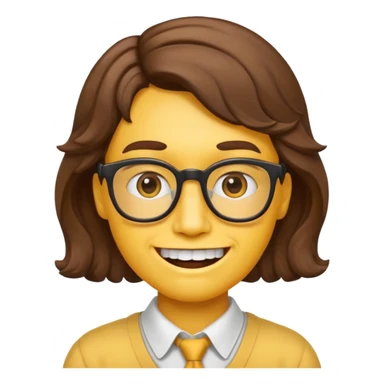yellow face nerd emoji style with chin-length wavy brown hair and classic nerd emoji teeth sticker