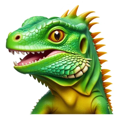 Cinematic Realistic Comical Iguana Portrait Emoji, Head tilted dramatically with an exaggeratedly amused expression, featuring a striking, glossy green-scaled body with bold natural textures and wide, expressive amber eyes brimming with playful disbelief, rendered with lifelike clarity and vibrant hues, high shine, dramatic yet playful, styled with an air of cheeky tropical mischief, soft glowing outline, capturing the essence of a spirited and over‐the‐top iguana that looks ready to charm its way into viral fame! sticker