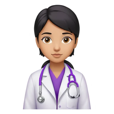 Light browned skin girl with black hair and wearing a doctors coat with a purple stethoscope around her neck sticker