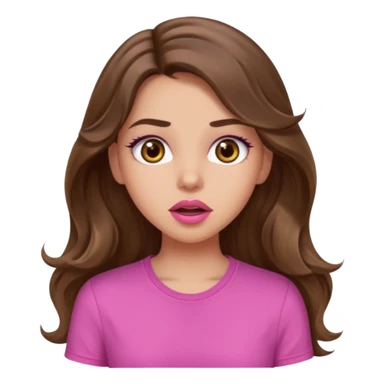 girl with long wavy brown hair, brown eyes, light to medium complexion, in a pink shirt, pink lips, long lashes, surprised, wow sticker