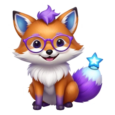 small magical fox with purple and blue fur, glowing fluffy tail, silver star on forehead, round glasses, tiny lantern, laughing with joy sticker