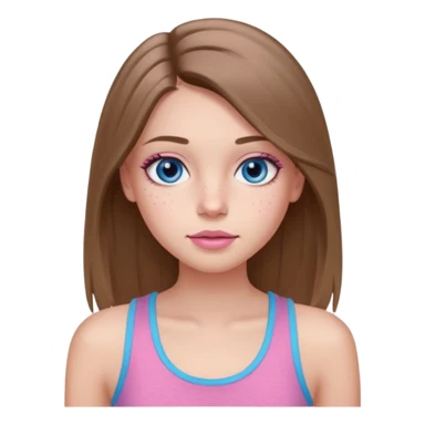 Create a TEENAGE girl with LONG and straight light brunette hair with a middle part, light skin, light freckles, and blue-gray eyes. She will have pink lips and LONG eyelashes. She will be wearing a light pink tank top sticker