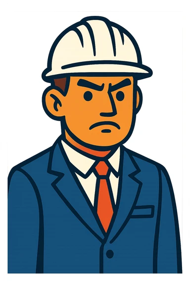 a man in a strict dark blue suit, wearing a white construction helmet on his head sticker