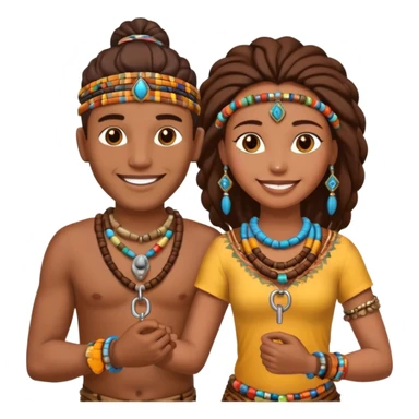 A happy tribal man holding hands with a happy tribal woman wearing a lock sticker