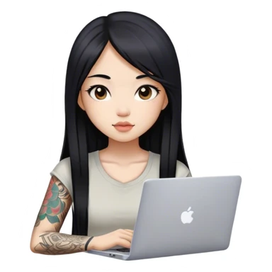 beautiful girl, with tattoos, with long black hair, straight hair, chinese, with laptop sticker