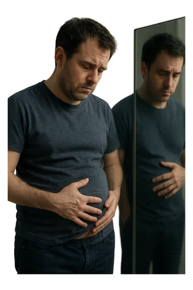 uomo che si guarda allo specchio triste mentre si tocca la pancia, pensieroso, iperrealistico 4k sticker