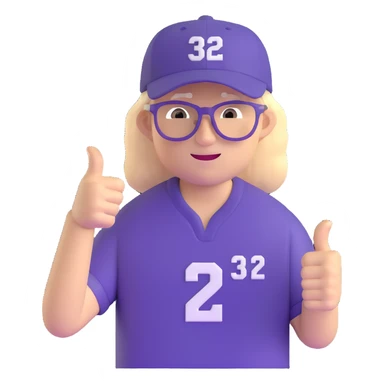Man with black and white cap, purple sports jersey with number 32, clear glasses, light blond mullet hairstyle, thumbs up sticker